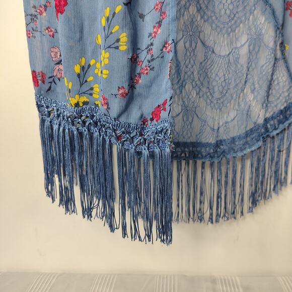 Blue Floral Open Front Kimono Cardigan w/‎ Fringe Hem & Lace Sheer Boho Cover Up - Picture 3 of 11
